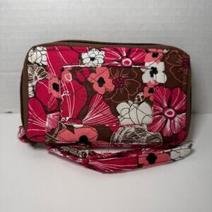 Women's Pink & Brown Floral Flower Print Zip Around Wristlet Wallet